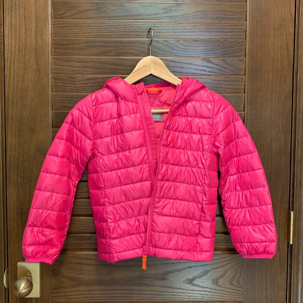 Primary Puffer Jacket, size 6-7 in fuchsia pink